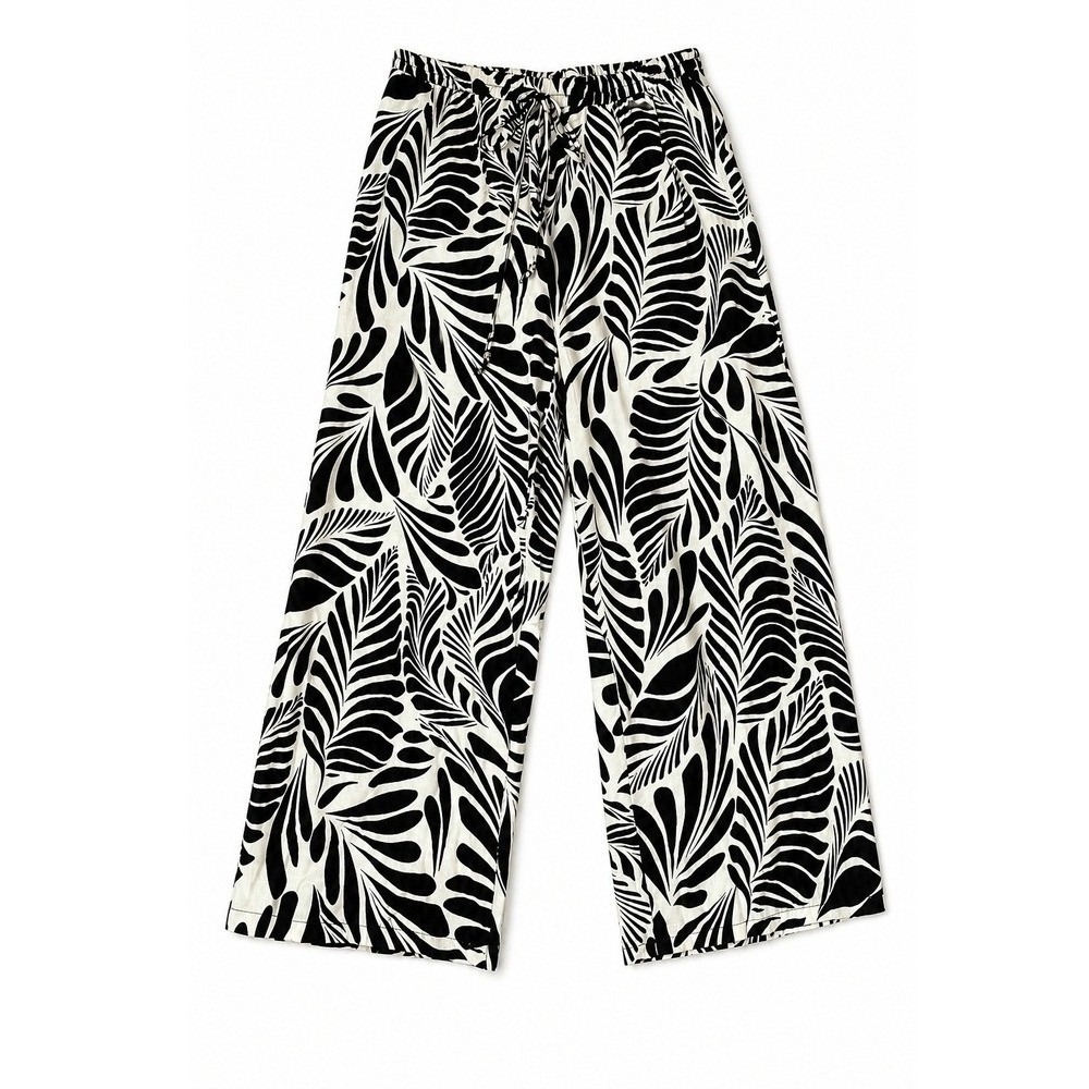 Women L boho tropical wide leg pants black coastal beach festival whimsigoth‎